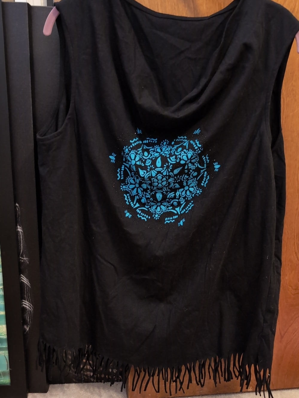 Black Fringe Tank with Teal Floral Motif